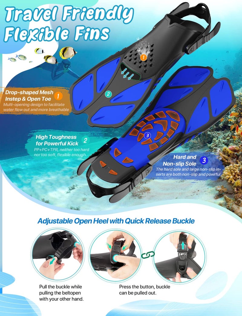 Zenoplige Mask Fins Snorkel Set, Snorkeling Gear for Adults, Panoramic View Snorkel Mask Anti-Fog, Adjustable Dive Flippers, Dry Top Snorkel and Travel Bag, Scuba Gear for Swimming Snorkeling Diving - Image 4